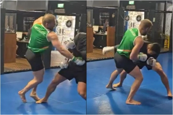 와! 김동현, 맥그리거 바디샷 맞고 '휘청'